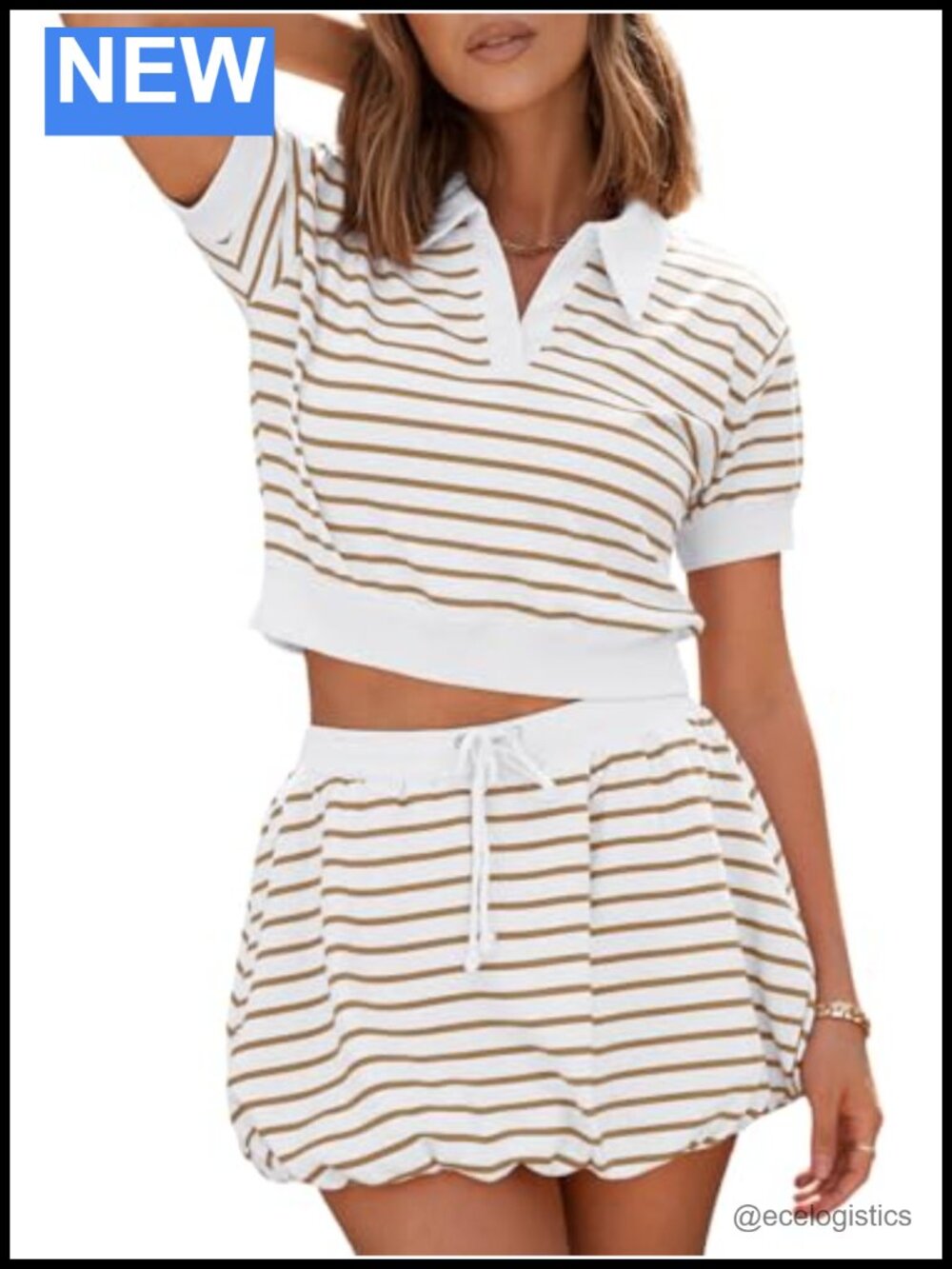 Women's Striped 2 Piece Skort Set Short Sleeve Crop Top Bubble Mini Skirt